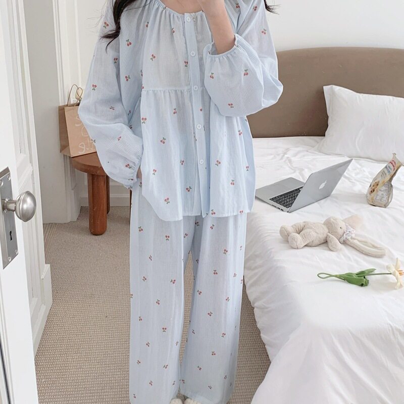 韩系条纹简约舒适睡衣套装女宽松