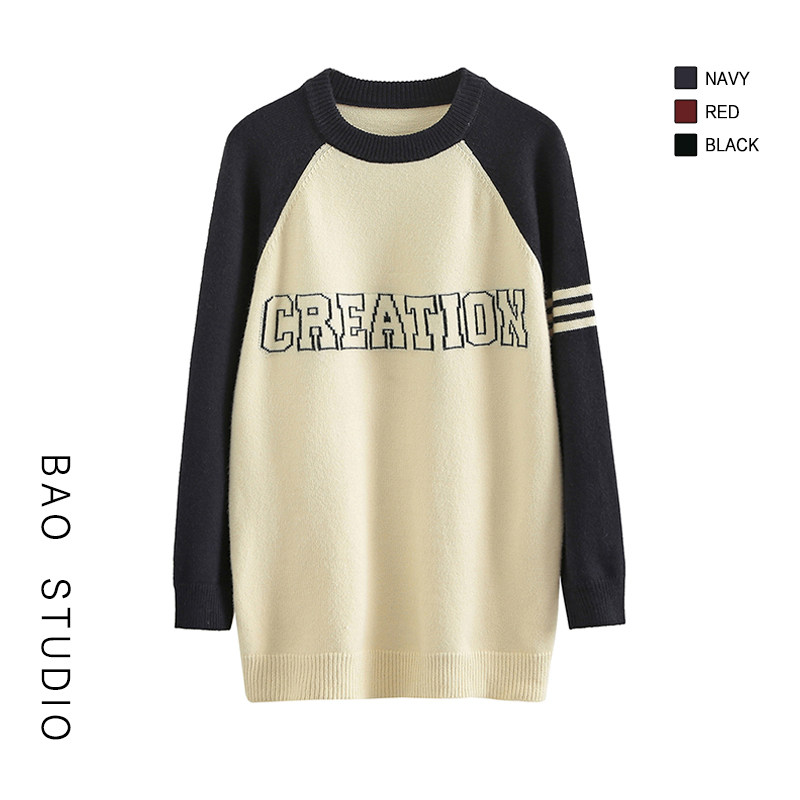 bao studio 韩系ins英文字母中长款毛衣女秋冬季加厚打底圆领毛衣