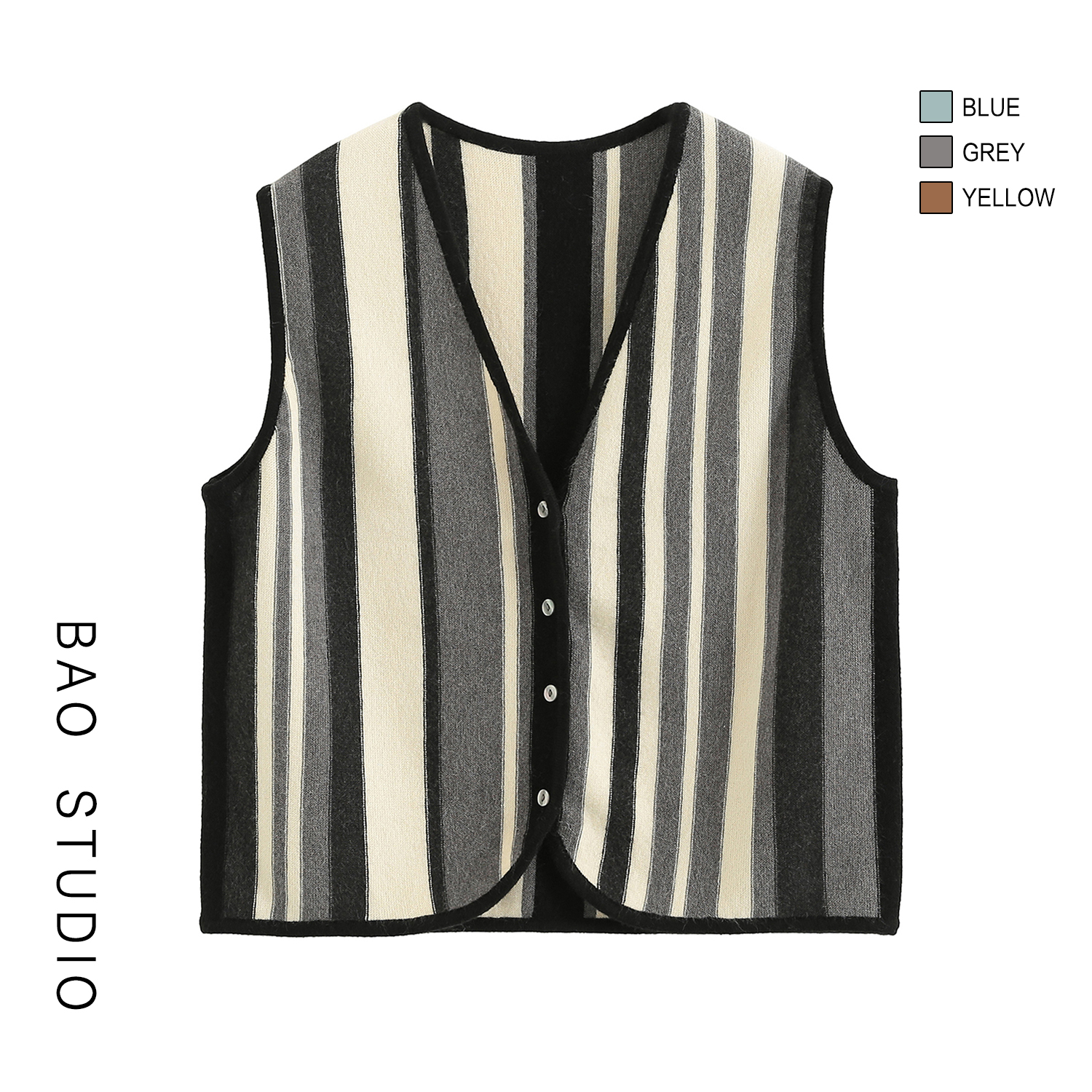 BAO STUDIO韩系气质拼色显瘦竖条条纹叠穿V领马甲休闲叠穿背心女