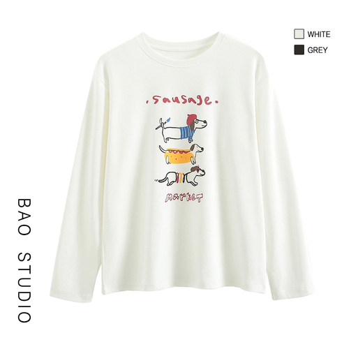 BAO STUDIO 韩系设计感趣味印花长袖t恤女2025秋季宽松休闲上衣