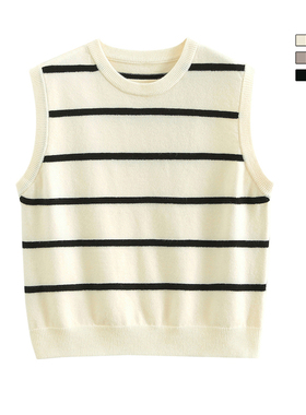 BAO STUDI 韩系圆领横条纹针织马甲春秋季洋气小众叠穿外搭背心女