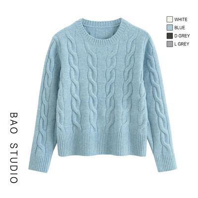 BAO STUDIO韩系冬日氛围感麻花针织毛衣秋冬季宽松慵懒圆领毛衣女