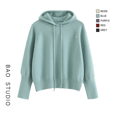 连帽套头净色针织衫毛衣