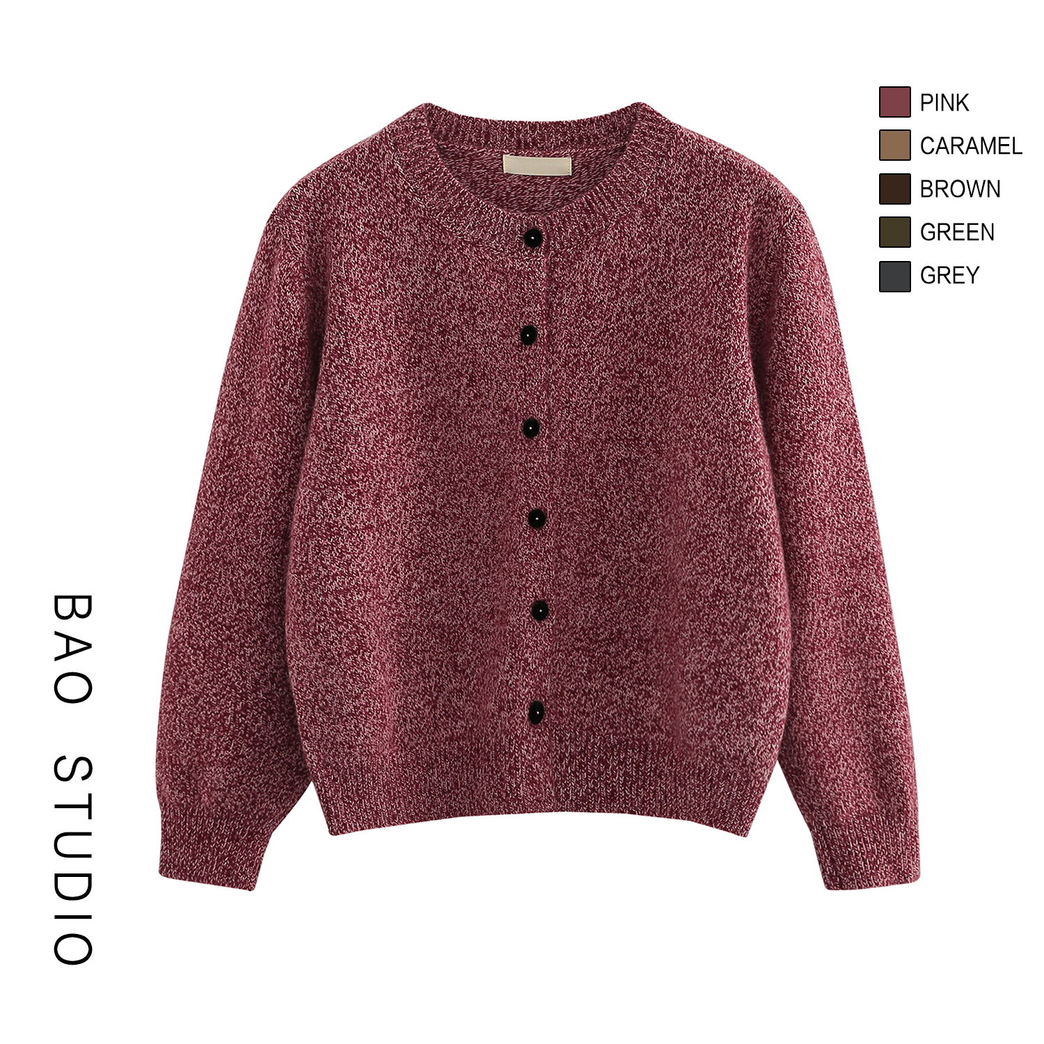 BAO STUDIO韩系圆领花纱线宽松毛衣外套女2025冬季长袖厚实针织衫