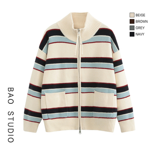 BAO STUDIO韩系简约彩条双拉链厚实毛衣外套冬季洋气宽松厚外套女