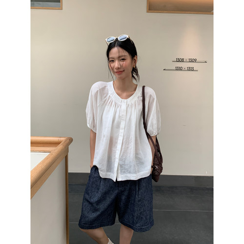 BAO STUDIO重工领口褶皱亚麻小衫法式甜美褶皱半袖上衣夏季衬衫女