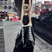 格子屁帘叠穿黑色阔腿裤 子 嘻哈街舞爵士舞裤 女夏季 高腰垂感弯刀裤