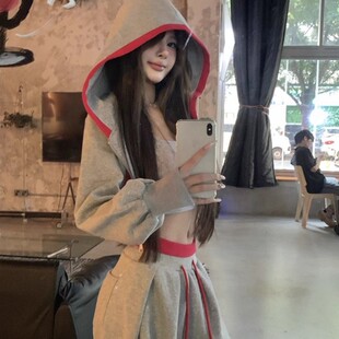 小众别致绝美设计感灰色长袖 套装 卫衣女秋季 长裤 女 显瘦休闲裤 韩版