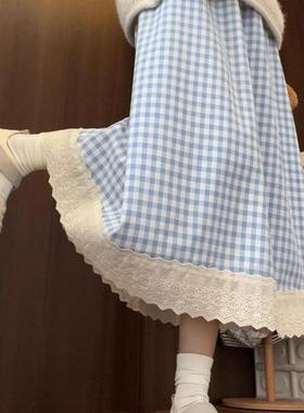 蓝色蕾丝花边格子半身裙女中长款夏季2025新款高腰显瘦a字裙伞裙