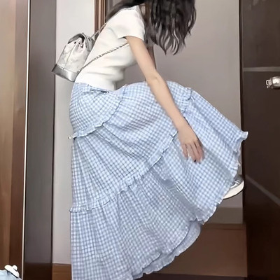 蓝白格子蛋糕裙大摆伞裙半身裙