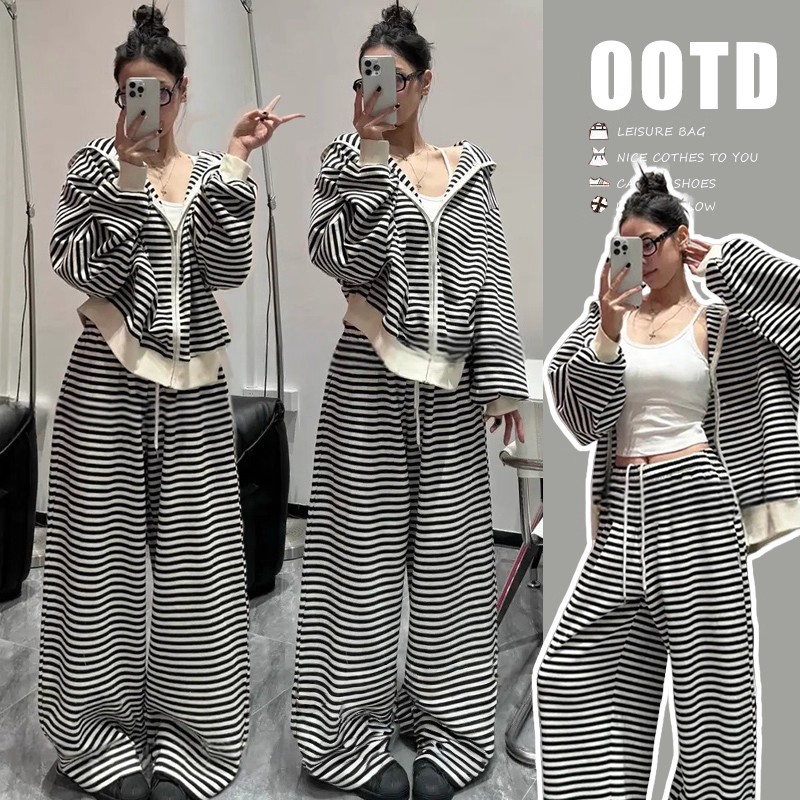 韩系chic早秋穿搭休闲长裤两件套