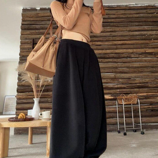 宽松显瘦加绒慵懒风百搭阔腿裤 女秋冬2025新款 黑色休闲弯刀裤 美式