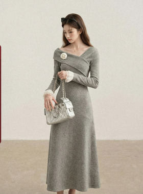 欧阳喜甄选“线条美学”灰色V领连衣裙冬季收腰修身气质a字长裙子