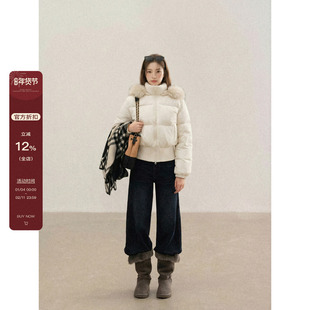 欧阳喜甄选“挪威雪岛”白色连帽毛领羽绒服宽松短款巨好看的外套
