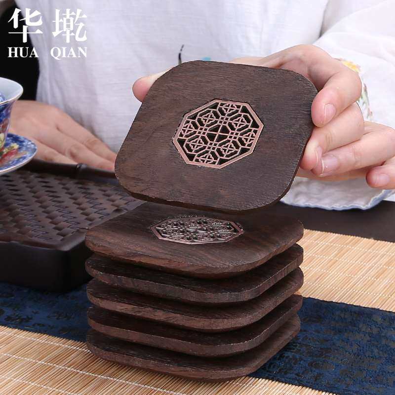 华墘黑檀木杯垫组合 功夫茶道零配件实木手工方杯垫茶托杯托套组