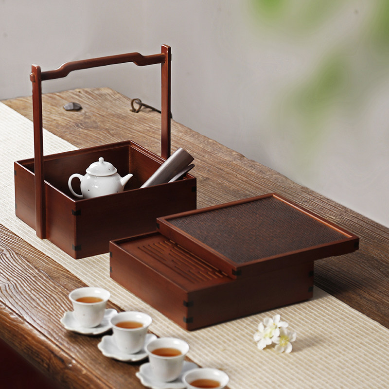 竹制食盒中式仿古 竹编茶具收纳盒提篮 古代实木旅V行便携茶箱提