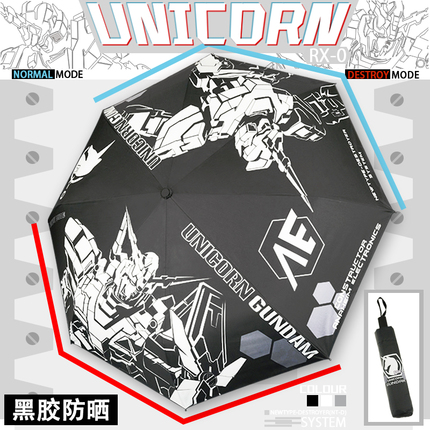 新品原创设计高达UC独角兽RX0 黑胶涂层防晒防紫外线三折晴雨伞遮