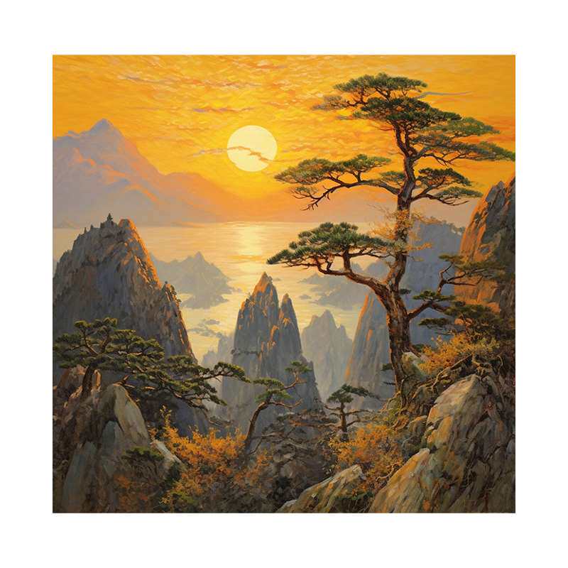 正品旭日东升玄关正方形挂画新中式山水风景手绘油画客厅迎客松装