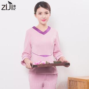 新款美容工作服容秋冬拼院接粉色美容院美师工作服套装SPA师美体