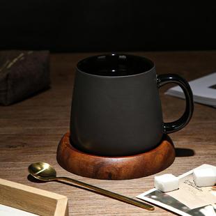 陶瓷黑色哑光大容量马克杯子简约磨砂咖啡杯带勺办公室水杯 欧式