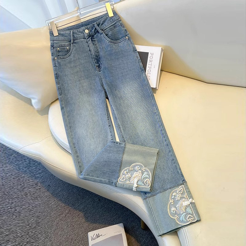 新中式直筒女薄款2024夏季新款显瘦国风刺绣九分烟管裤,女装/女士精品,大码裤装,淘宝优惠券,粉丝福利购,淘宝优惠卷