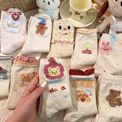 2025新款花边可爱袜子女中筒袜ins潮春夏季薄款白色女生卡通长袜