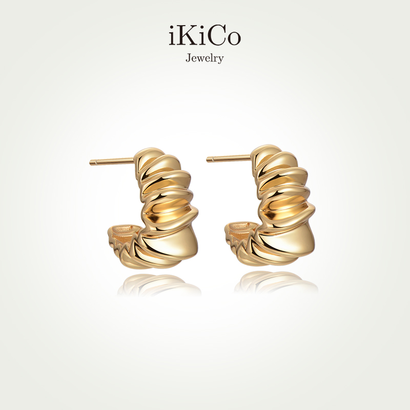 iKiCo Jewelry牛角包纯银耳环金色素圈简约气质时尚2024新款爆款