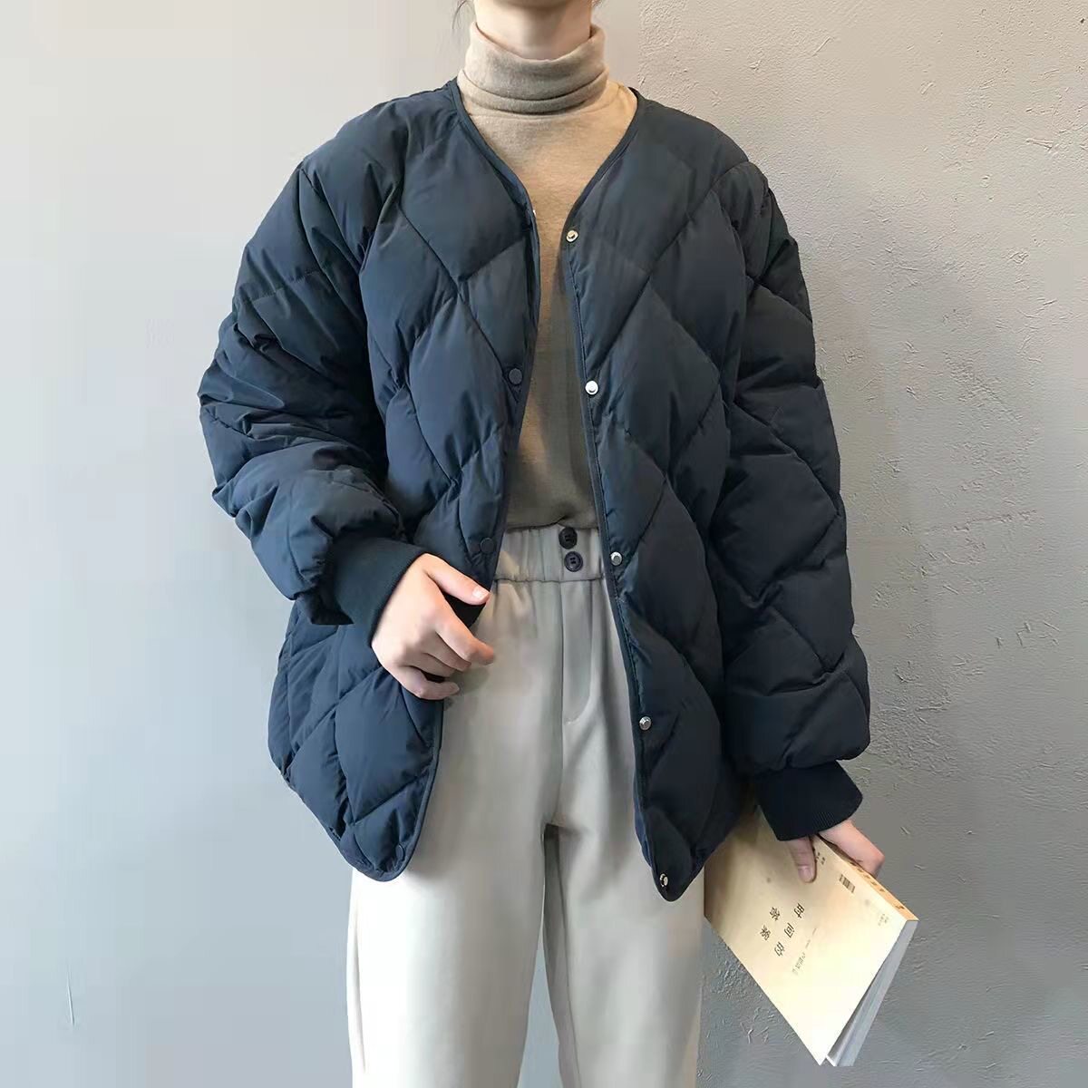韩版大码棉服女装短款菱格ins无领小香风轻薄冬季棉衣外套