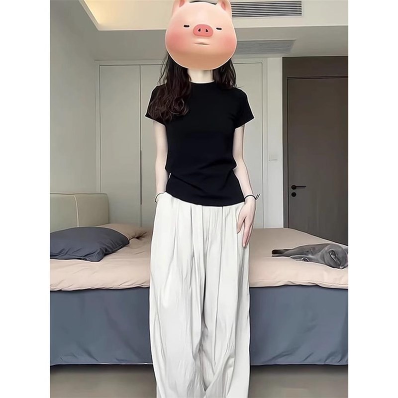 黑色正肩纯棉短袖t恤p女夏季修身百搭圆领短款辣妹配阔腿裤的上衣