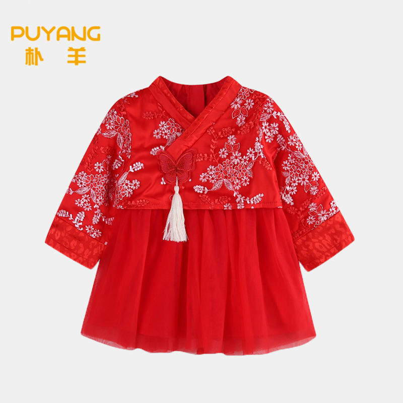 女童秋装中国风连j衣裙网纱婴儿公主裙子小女孩一周岁宝宝礼服抓