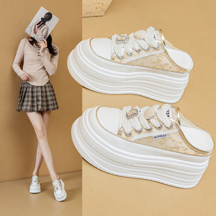 厚底网面透气一脚蹬内增高女鞋 包头半拖小白鞋 爆款 新款 女2025夏季