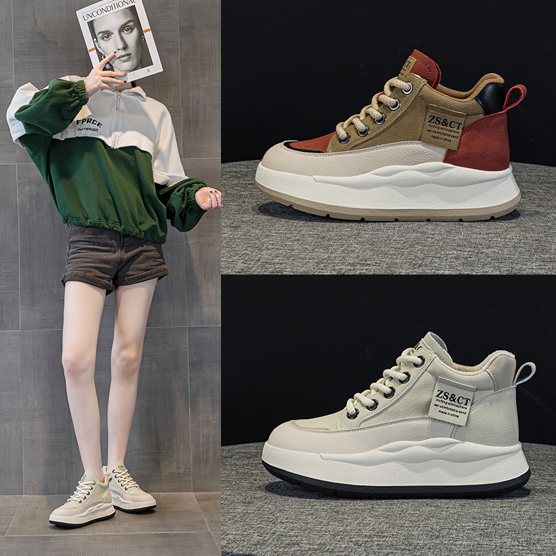超火复古高帮板鞋女2025春秋新款真皮厚底增高加绒运动休闲小白鞋