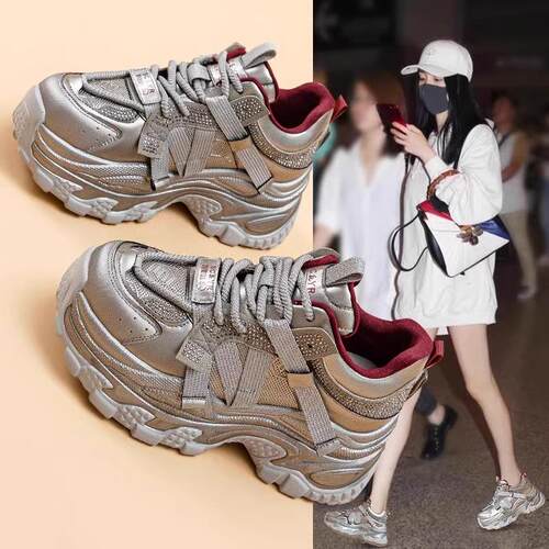 厚底老爹鞋女2024新款爆款黑色秋冬加绒带钻小个子增高运动休闲鞋