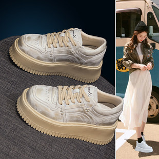 真皮2026春季新款厚底休闲板鞋松糕鞋女小个子小白鞋内增高小码33
