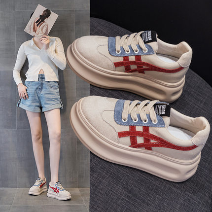 真皮小白鞋女7cm厚底板鞋秋季做旧复古轻便软底透气内增高德训鞋