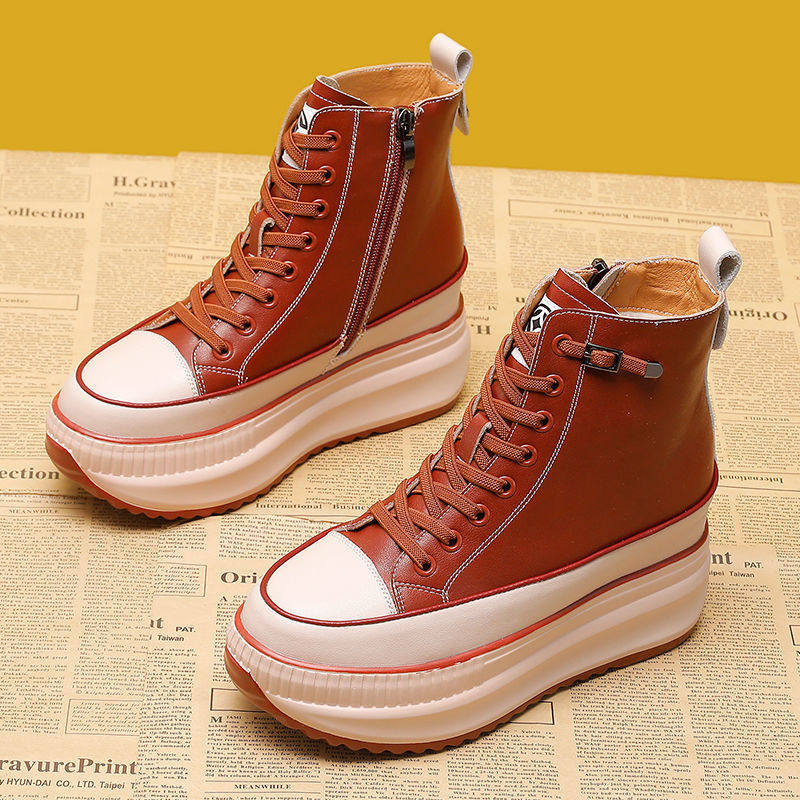 真皮内增高厚底高帮休闲女鞋2024秋季新款韩版短筒马丁靴松糕单鞋,女鞋,高帮鞋,淘宝优惠券,粉丝福利购,淘宝优惠卷