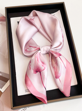 粉色小方巾丝巾女春秋冬季护颈饰围脖子薄围巾妈妈款长纱巾70x70