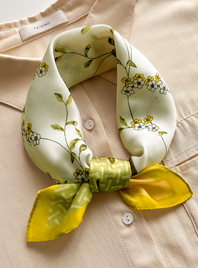 黄色小方巾丝巾女春秋职业装护颈围脖子搭配衬衫薄围巾纱巾50x50