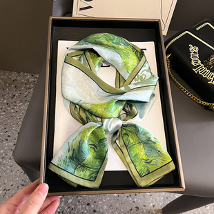 绿色油画小长条方巾丝巾女春秋冬季妈妈围脖子护颈系脖薄围巾飘带