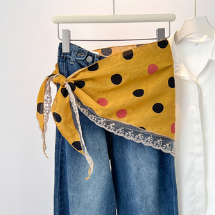 姜黄色波点蕾丝小丝巾女三角头巾叠穿屁帘腰间配饰牛仔裤装饰腰带