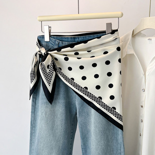 波点三角巾丝巾女腰带腰间装饰配牛仔裤腰巾屁帘米白色领巾薄围巾