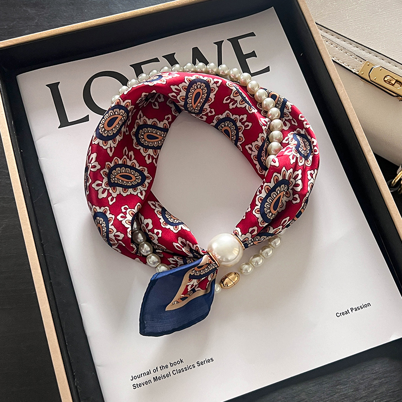 磁吸扣珍珠项链窄小耳朵长条丝巾女复古护颈围脖子搭配衬衫薄围巾