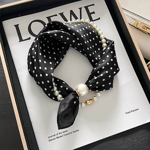 黑色波点磁吸扣珍珠项链窄小长条丝巾女护颈围脖子搭配衬衫薄围巾