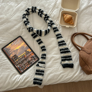 时髦设计感黑白条纹装饰细围巾女秋冬日系辣妹Y2K千禧风针织围脖