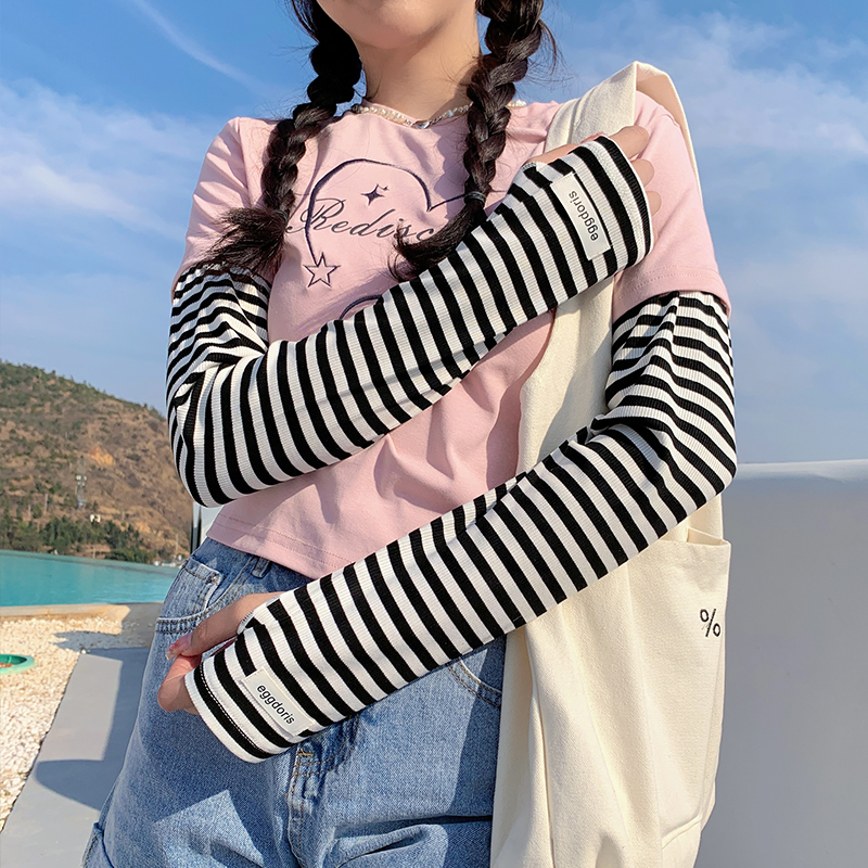 夏天黑白条纹冰丝防晒手袖套手套一体女开车骑行护臂宽松防紫外线