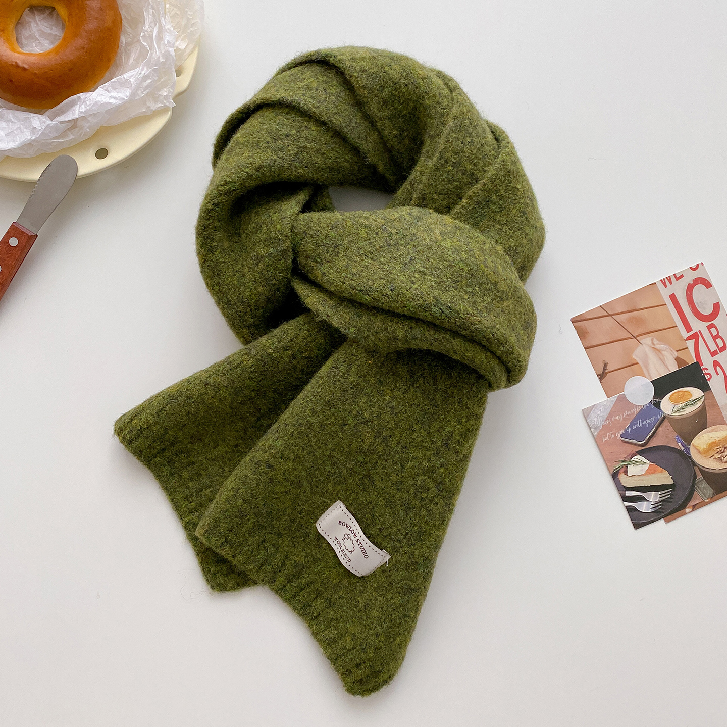 墨绿色含羊毛针织毛线加厚围巾男女学生冬季软糯保暖护颈短小围脖