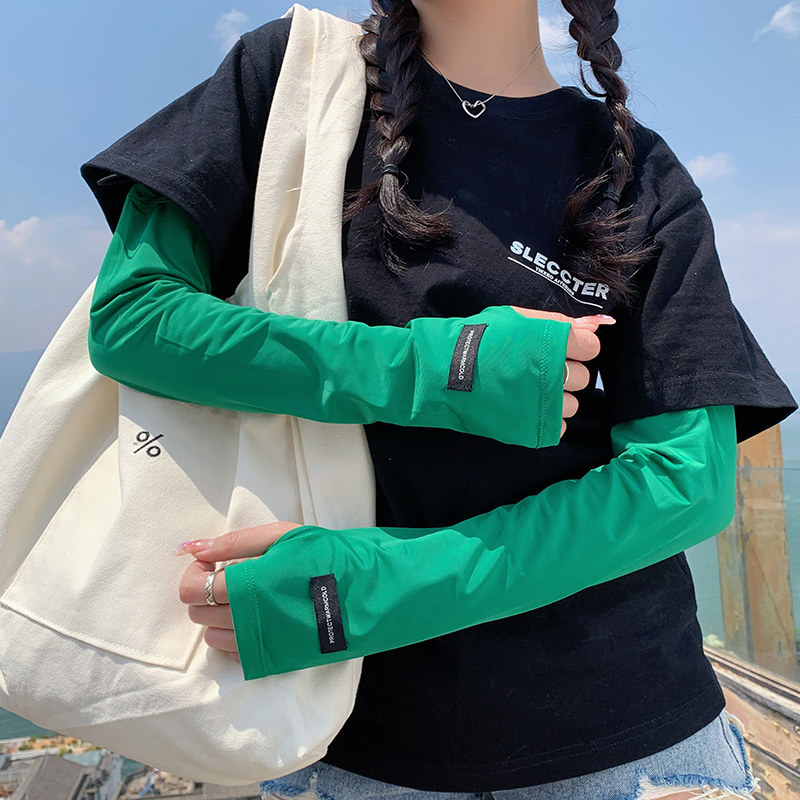 夏季开车骑行防晒薄冰丝遮手袖套女加长宽松护袖手臂手套一体绿色