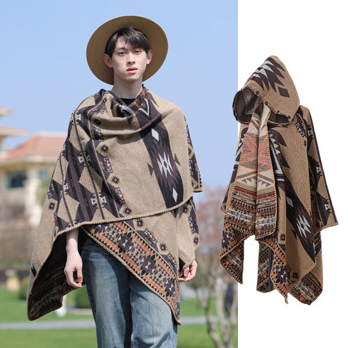 男士大披肩外搭斗篷复古披风女连帽子一体草原拍照毛毯两用厚围巾