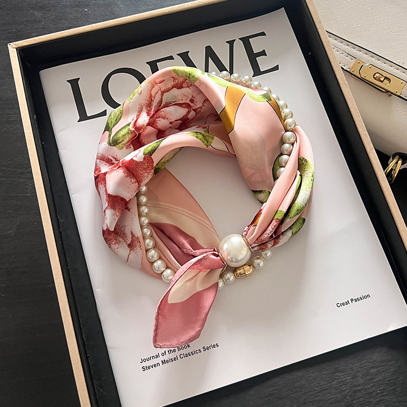 磁吸扣珍珠项链窄小长条丝巾女护颈围脖子搭配衬衫粉色纱巾薄围巾