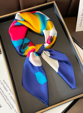 蓝色小方巾丝巾女春秋夏季搭配衬衫空姐职业装饰护颈围脖子薄围巾